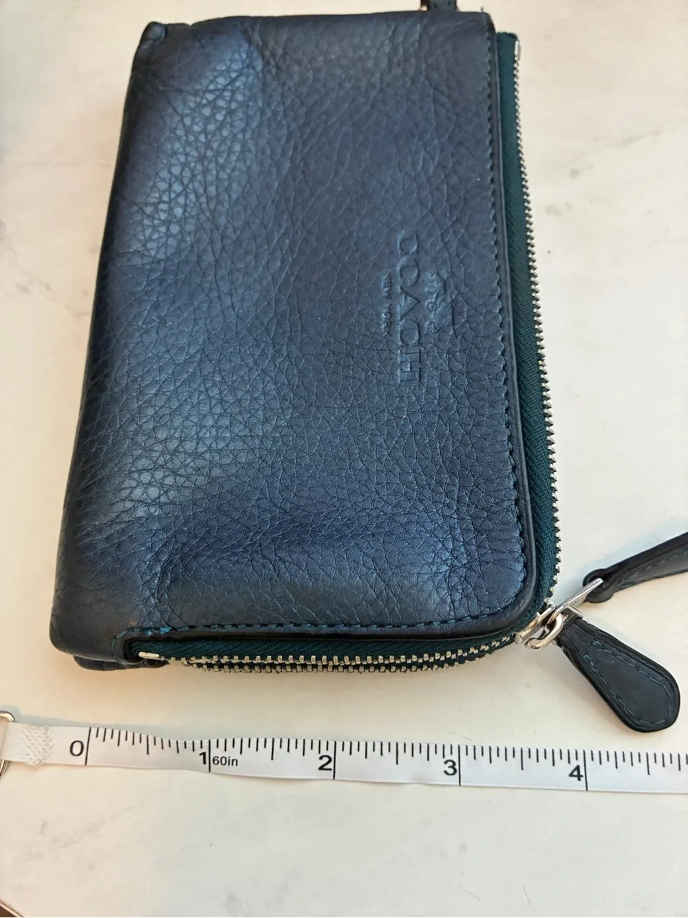 Coach Navy Pebbled Leather Zip Double corner zip wristlet